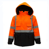 Fluo orange multi pockets adjustable hood black bottom safety jacket